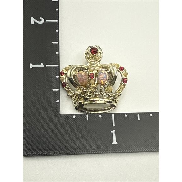 Vintage Crown Brooch Gold Tone Rhinestone Simulated Opal Cabochon LOOK READ - Picture 6 of 8